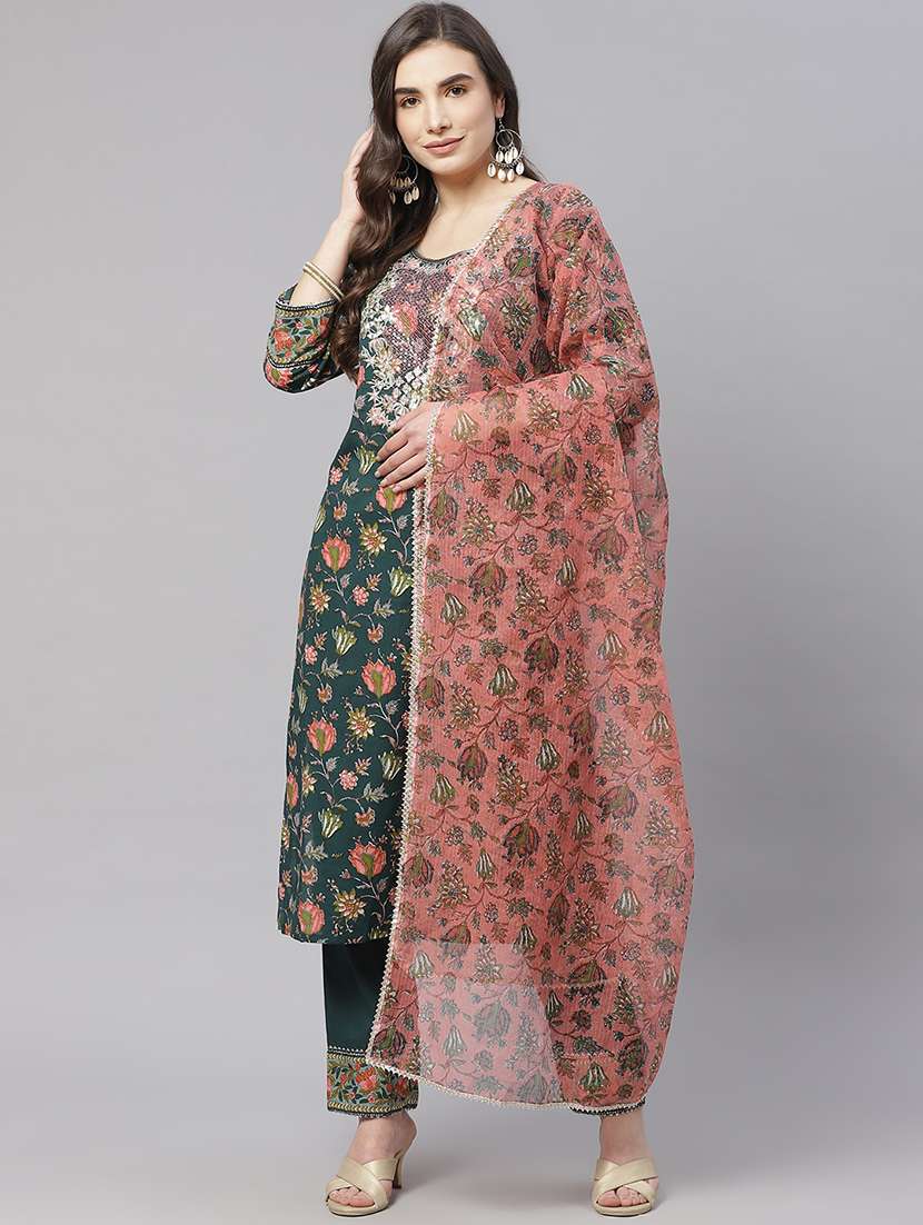 women three quarter sleeve kurta pant with dupatta set
