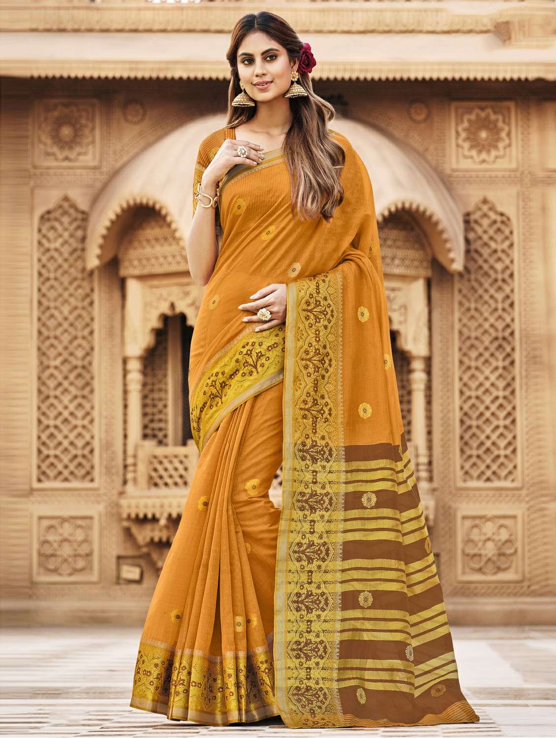 women's self design mustard colored saree with blouse
