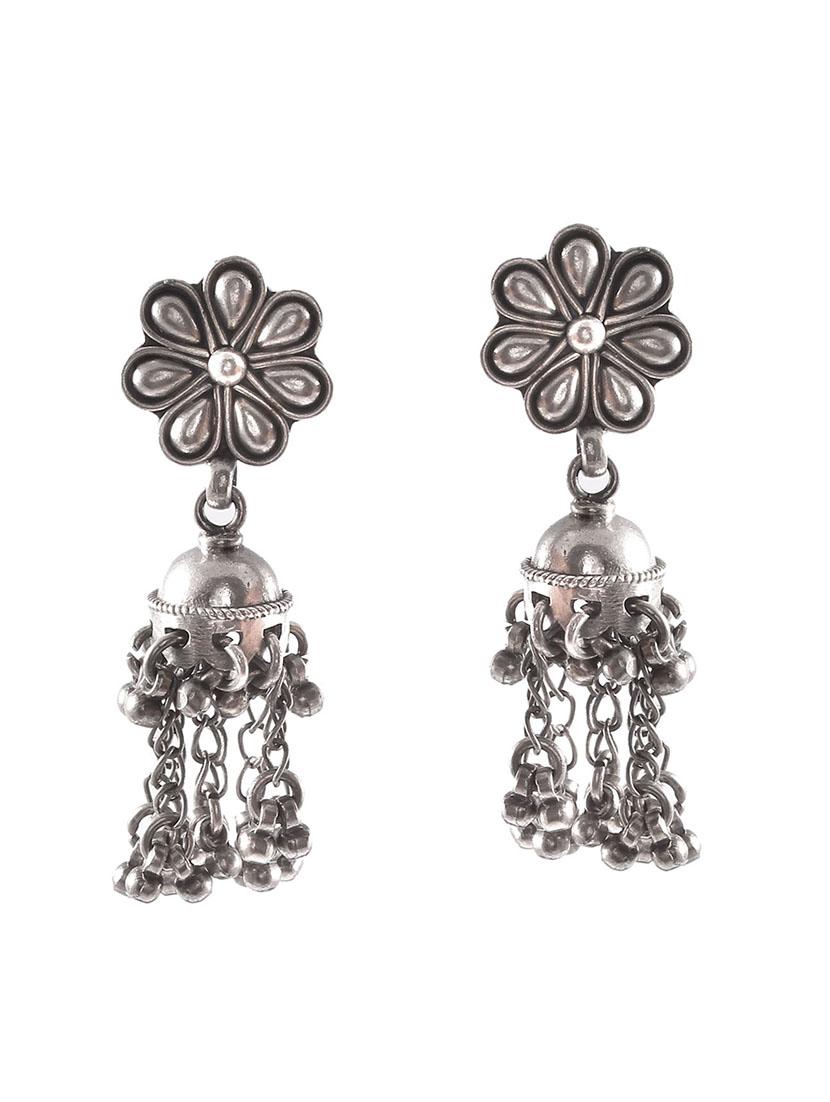 silver floral design stud jhumkis - 18182571 -  Zoom Image - 0