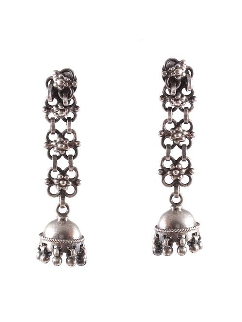 silver floral design stud jhumkis - 18182580 - Standard Image - 0