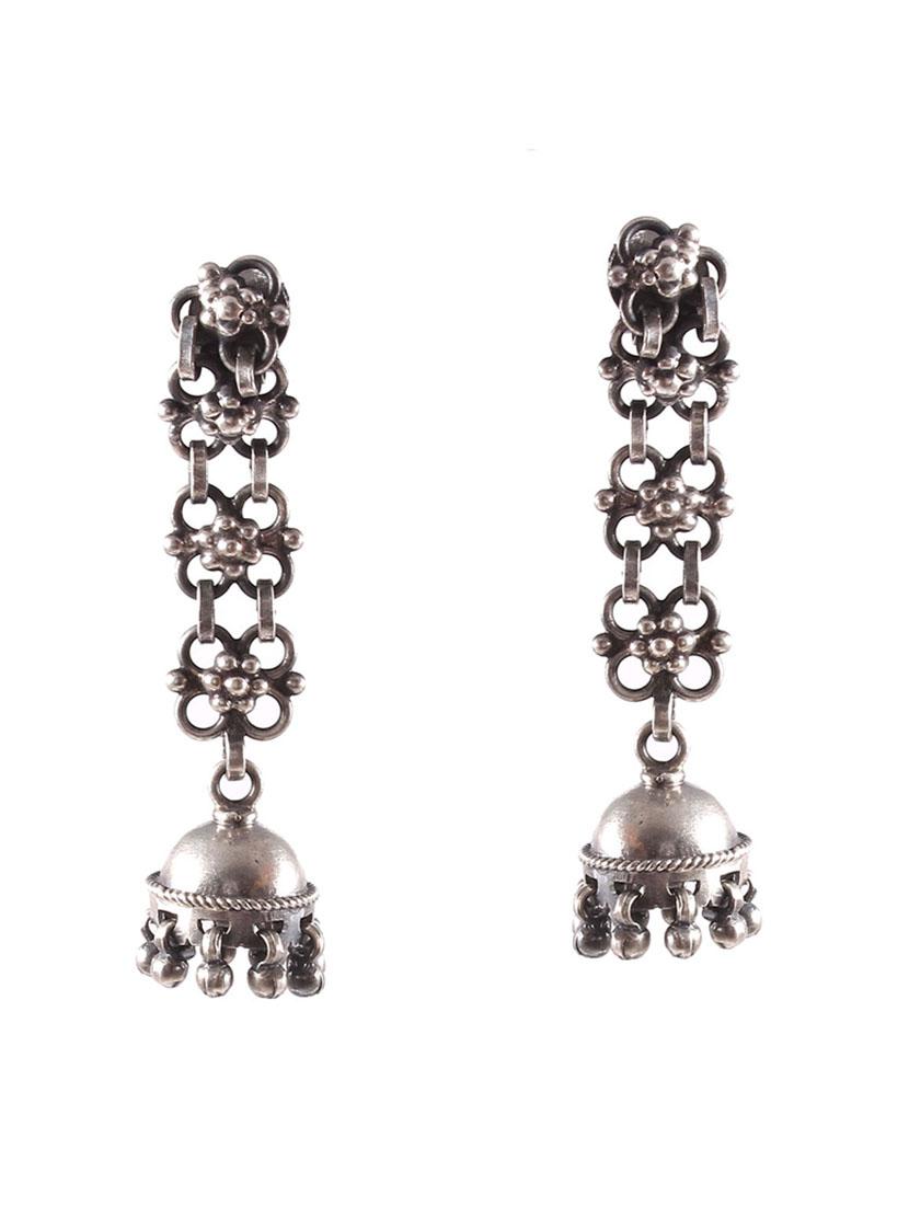 silver floral design stud jhumkis - 18182580 - Zoom Image - 0