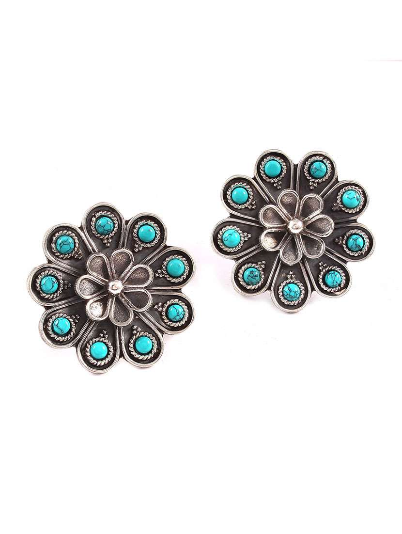 silver turquoise floral ear studs