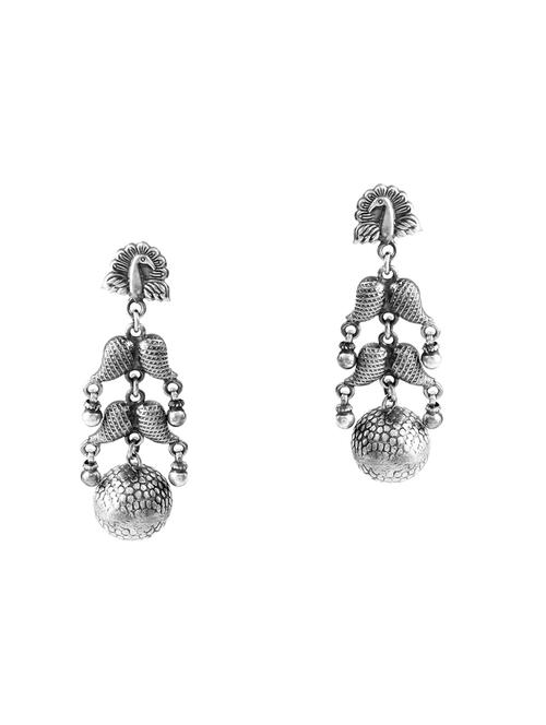 silver oxidized, peacock stud earrings with ghungroo - 18182591 - Standard Image - 0
