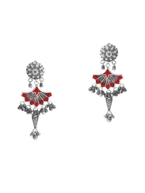 silver oxidized, unique red stud earrings with ghungroo - 18182597 - Standard Image - 0