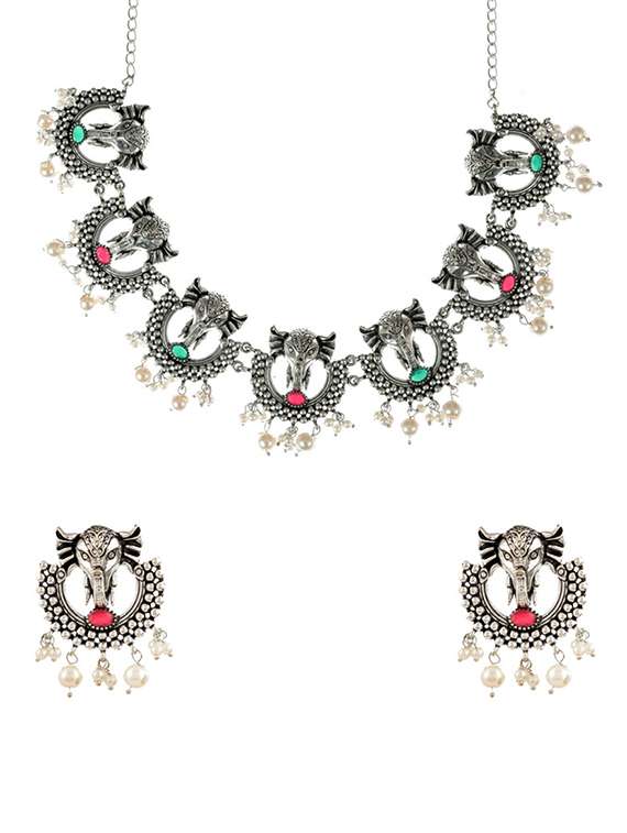 multi colored silver plated necklaces and earring