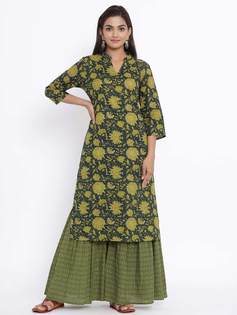green cotton kurta sharara  set