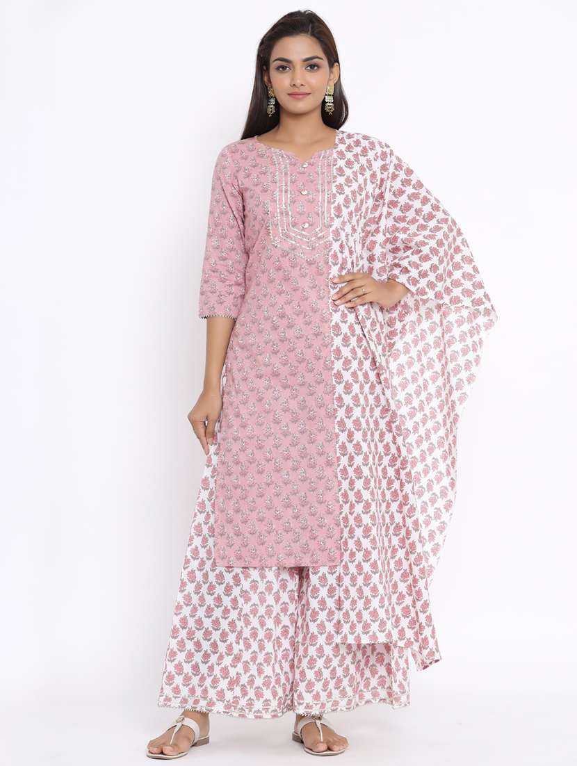 women three quarter sleeve kurta palazzo with dupatta set