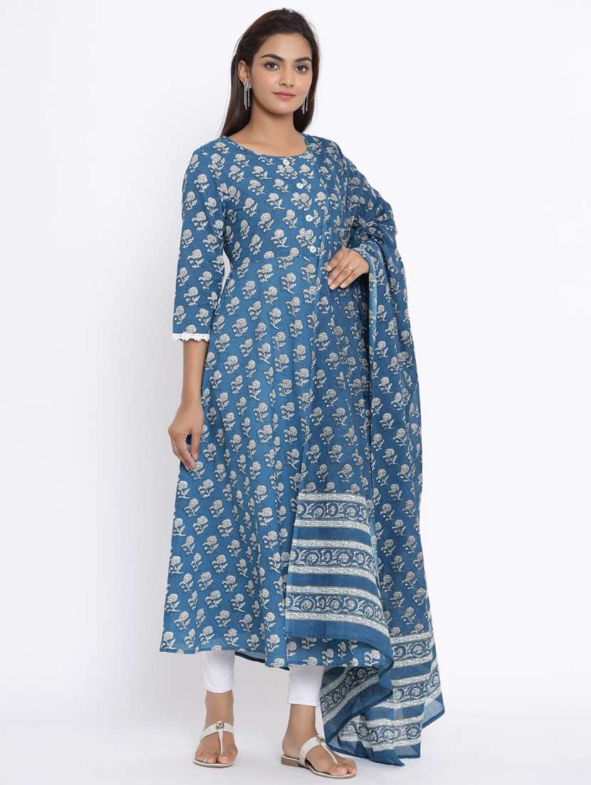 women blue three quarter sleeve kurta dupatta set