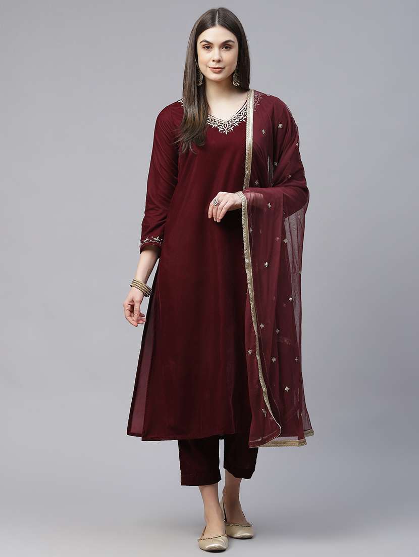 women three quarter sleeve kurta pant with dupatta set