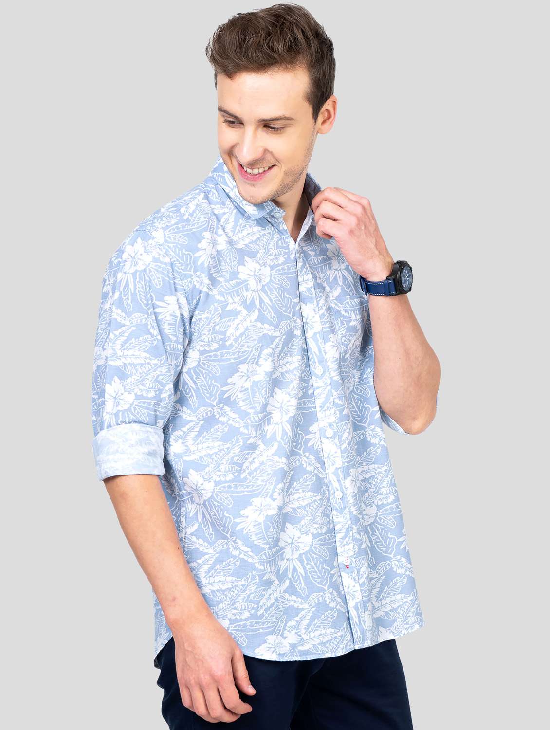 light-blue floral printed casual shirt - 18186545 - Standard Image - 2