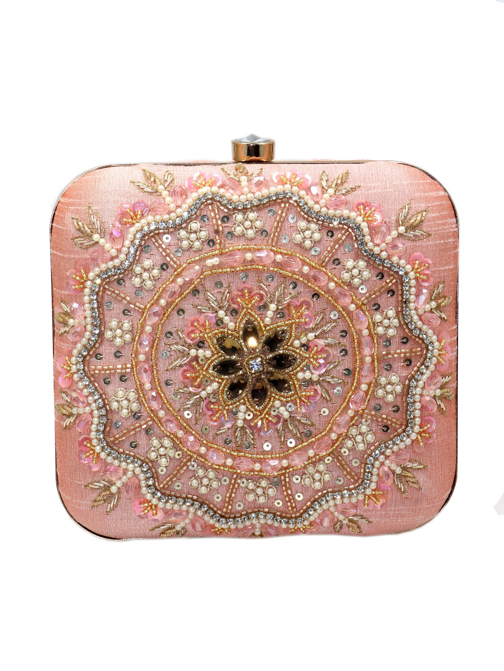designer hand embroidery clutch in peach - 18187088 - Zoom Image - 0