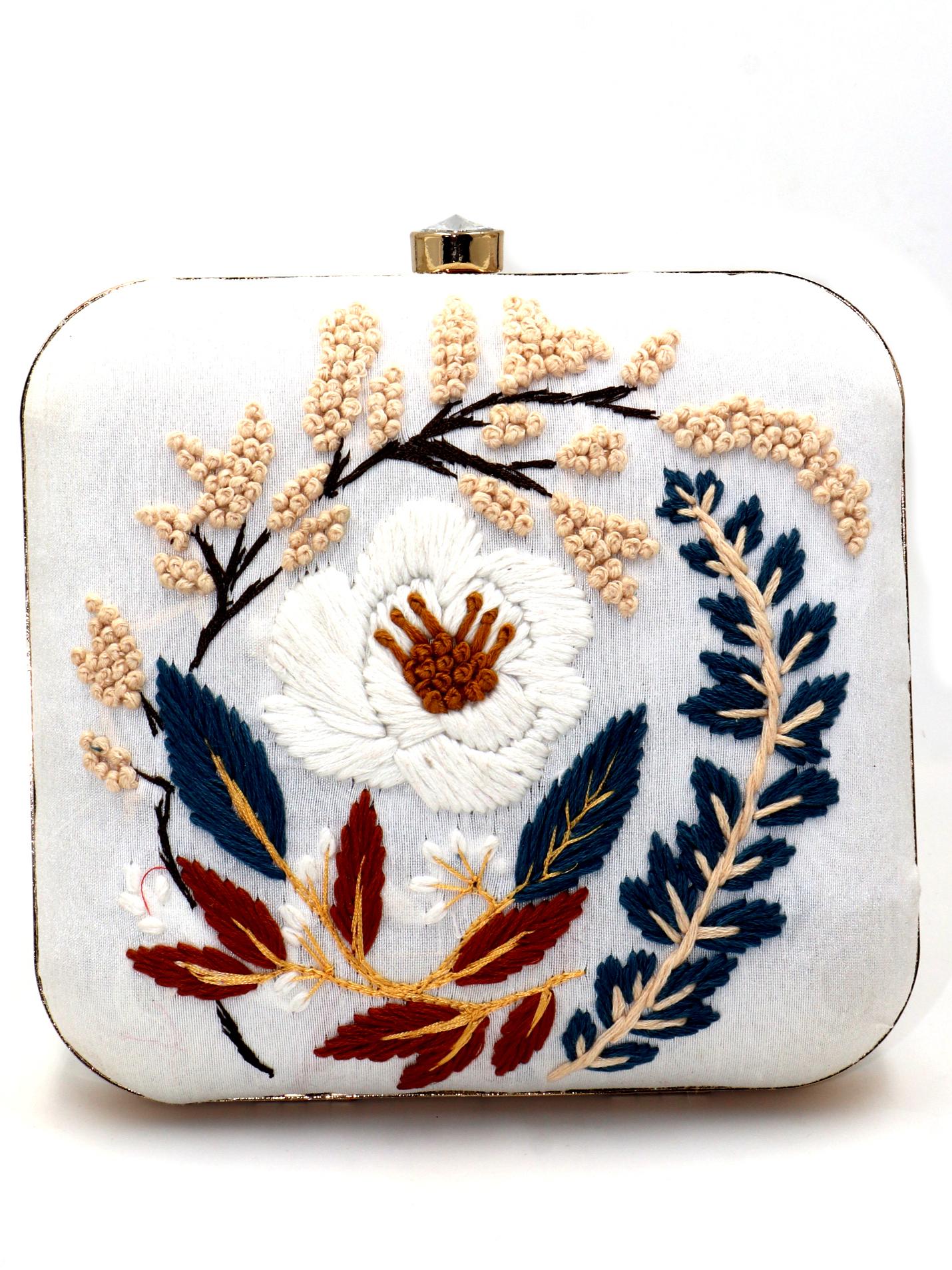 designer hand embroidery on white silk  - 18187108 -  Zoom Image - 0