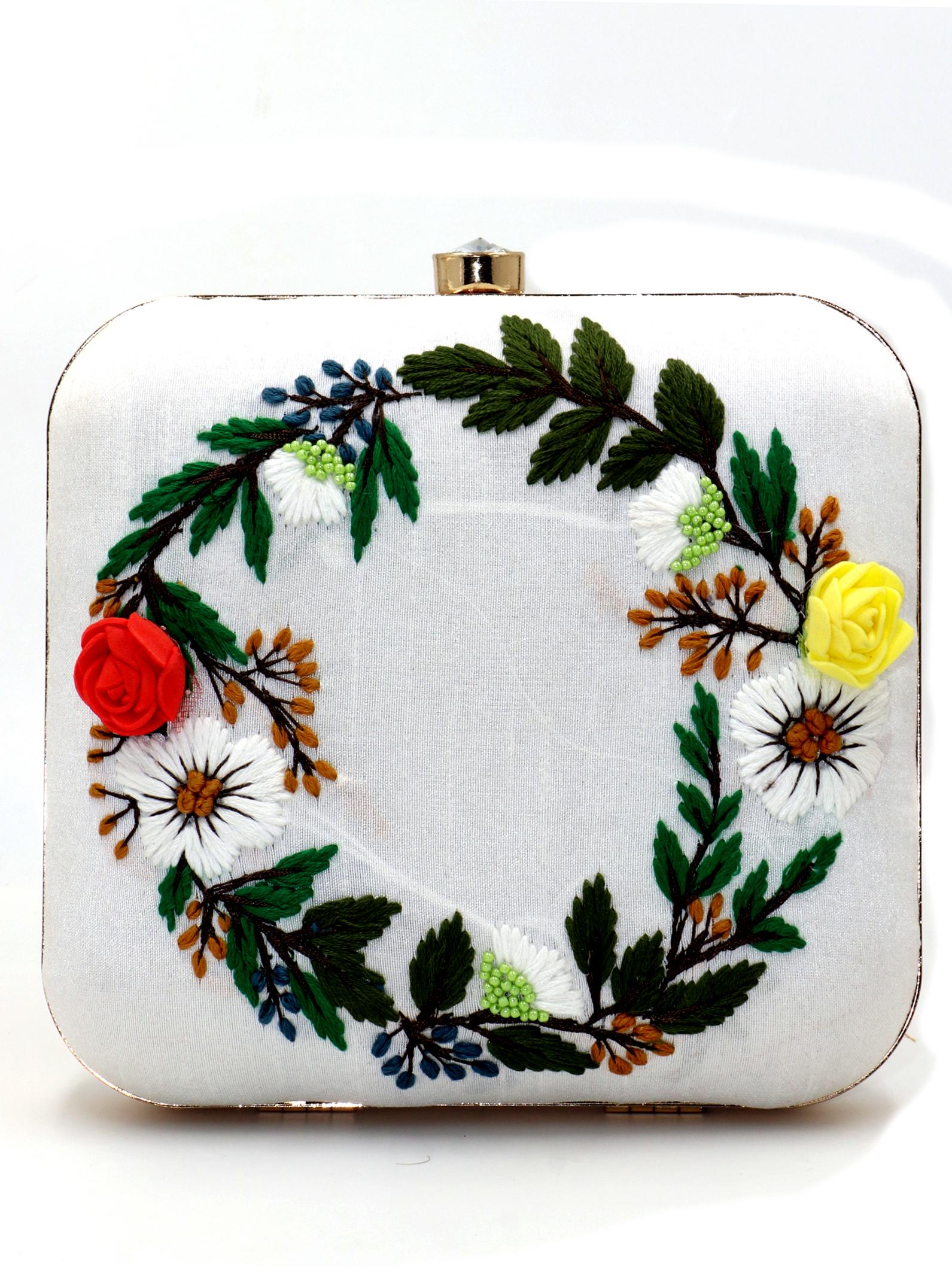 designer hand embroidery on white silk  - 18187110 -  Zoom Image - 0