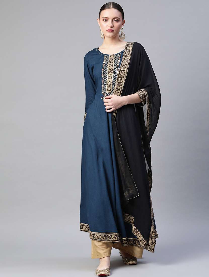 blue solid a-line kurta and dupatta set