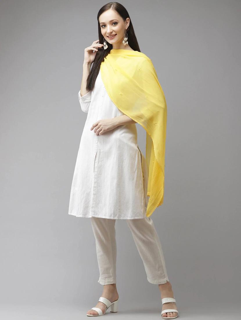  embroidered yellow chikankari lace detailed dupatta	 - 18187681 -  Zoom Image - 0