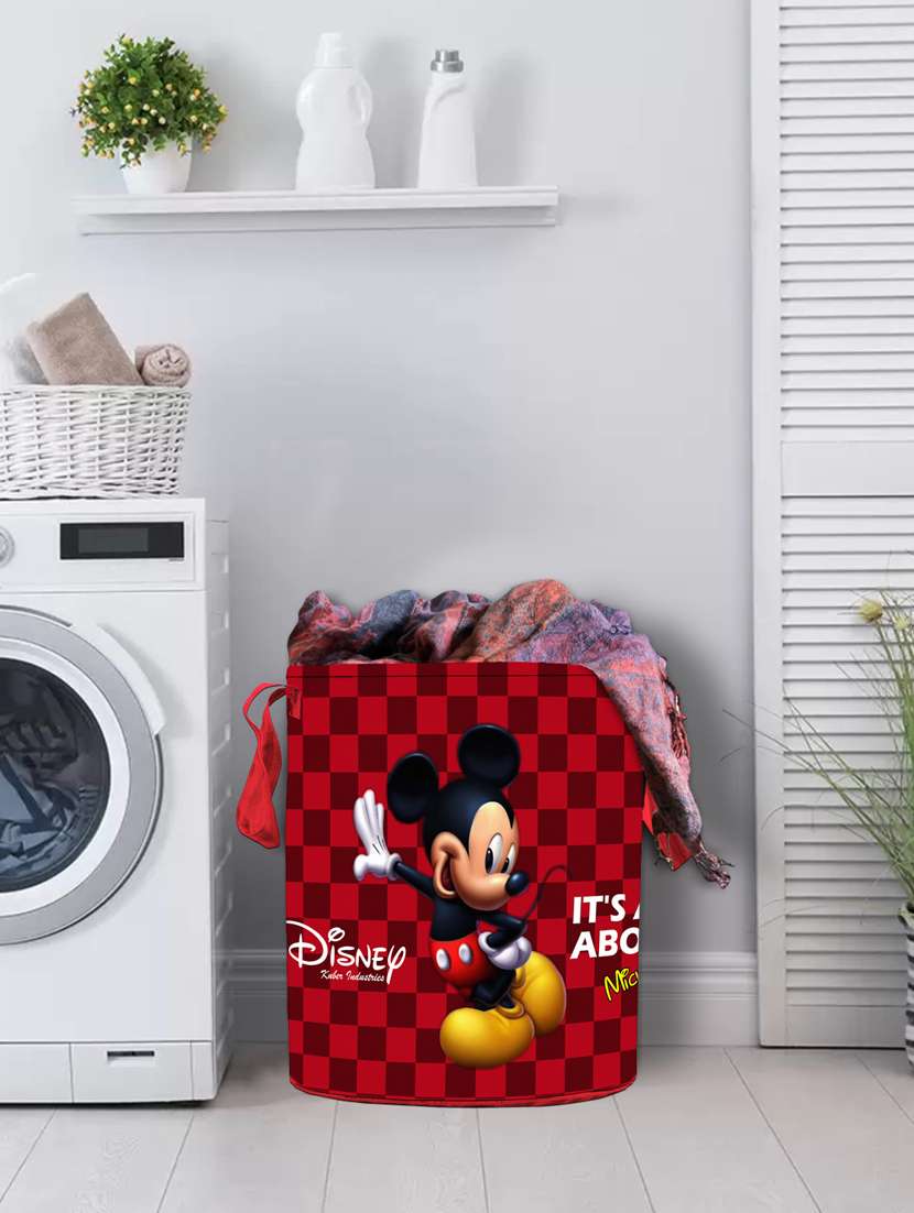 kuber industries disney mickey print cotton fabric foldable laundry basket 45 ltr (maroon)