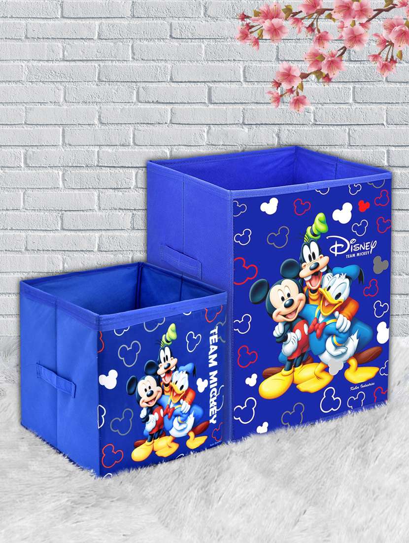 kuber industries disney team mickey print 2pcs large foldable laundry basket & small size cube(blue)