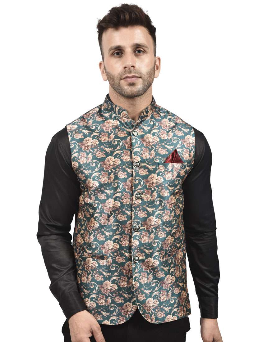 teal printed nehru jacket