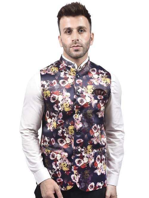 navy-blue printed nehru jacket - 18189874 -  Standard Image - 0