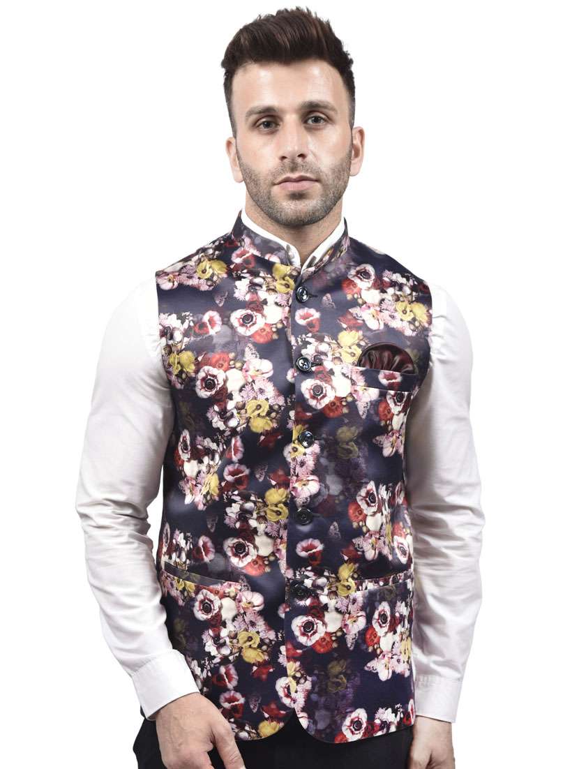 navy-blue printed nehru jacket