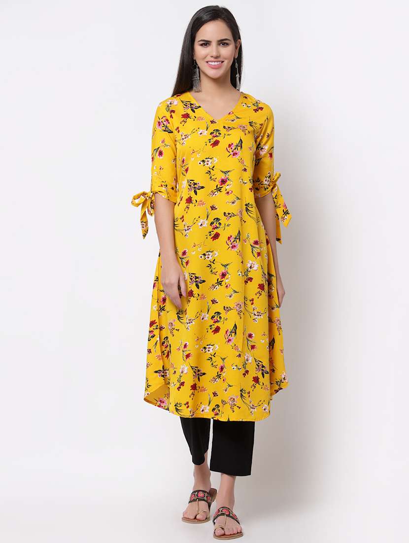 short tied-up sleeved floral-printed straight kurta
