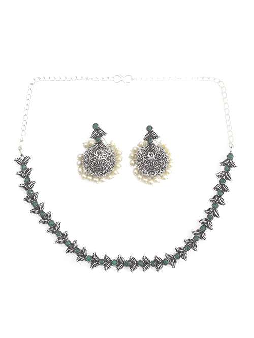 silver oxidized necklace with earring - 18196384 -  Standard Image - 0