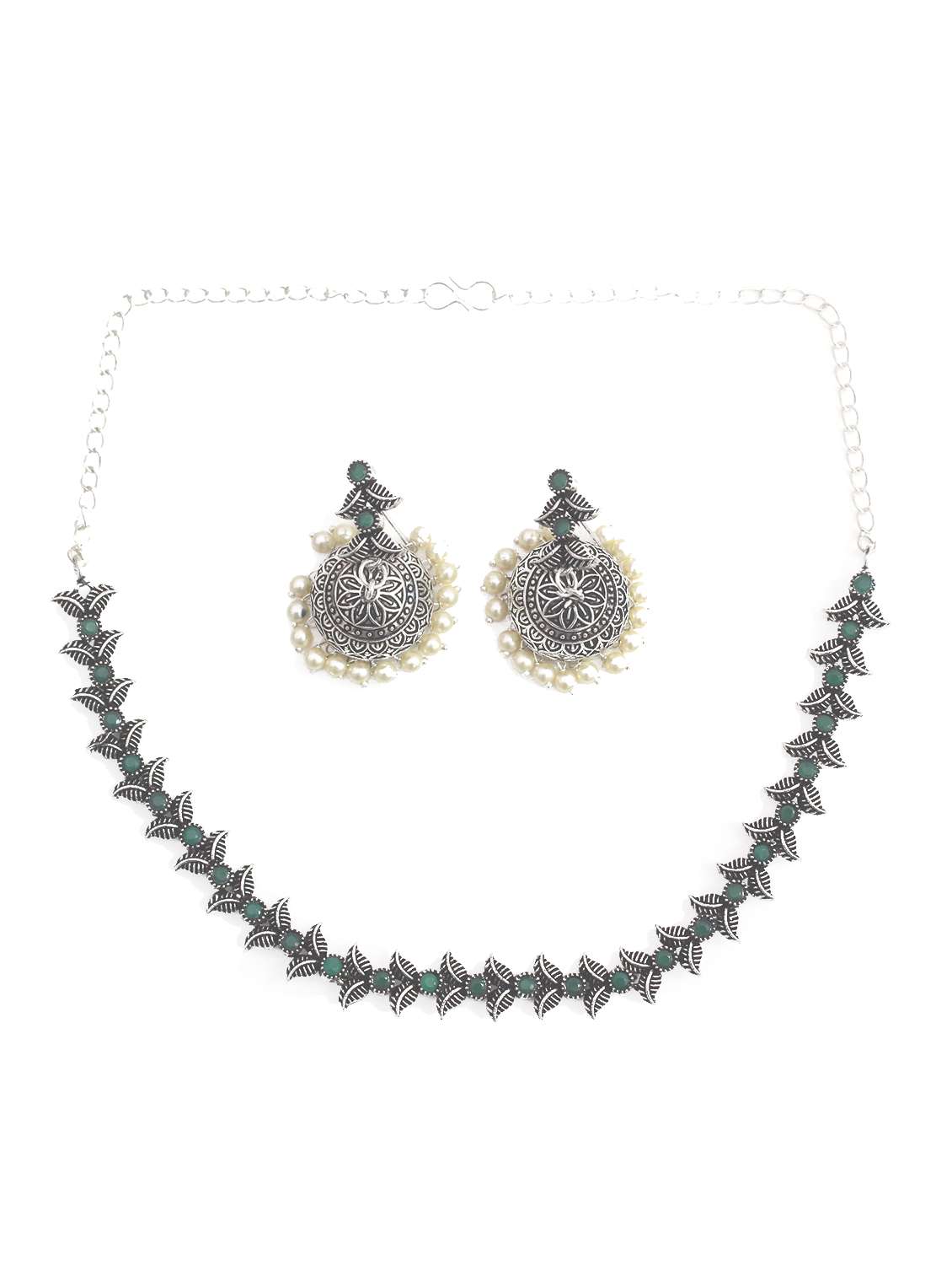 silver oxidized necklace with earring - 18196384 -  Zoom Image - 0