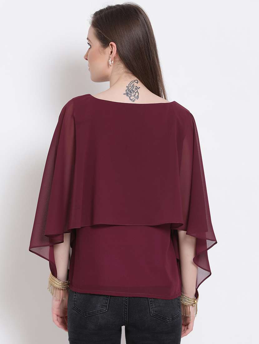 Women Maroon Foil Print Boat Neck Layered Top