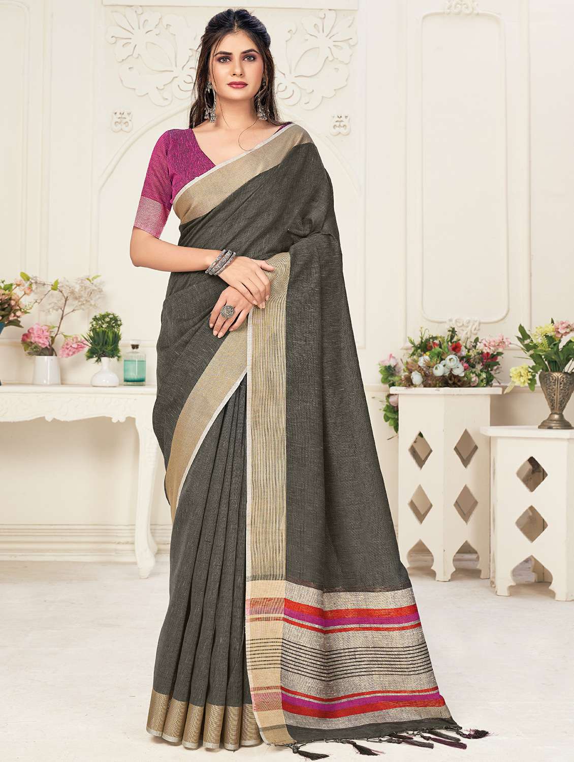 women's self design taupe colored saree