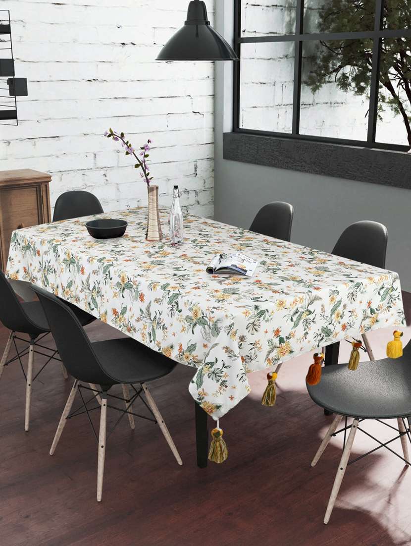 mezposh chintz white & multi color polycotton floral digital printed 6 seater rectangle table cover ( 220 x 150 cm )