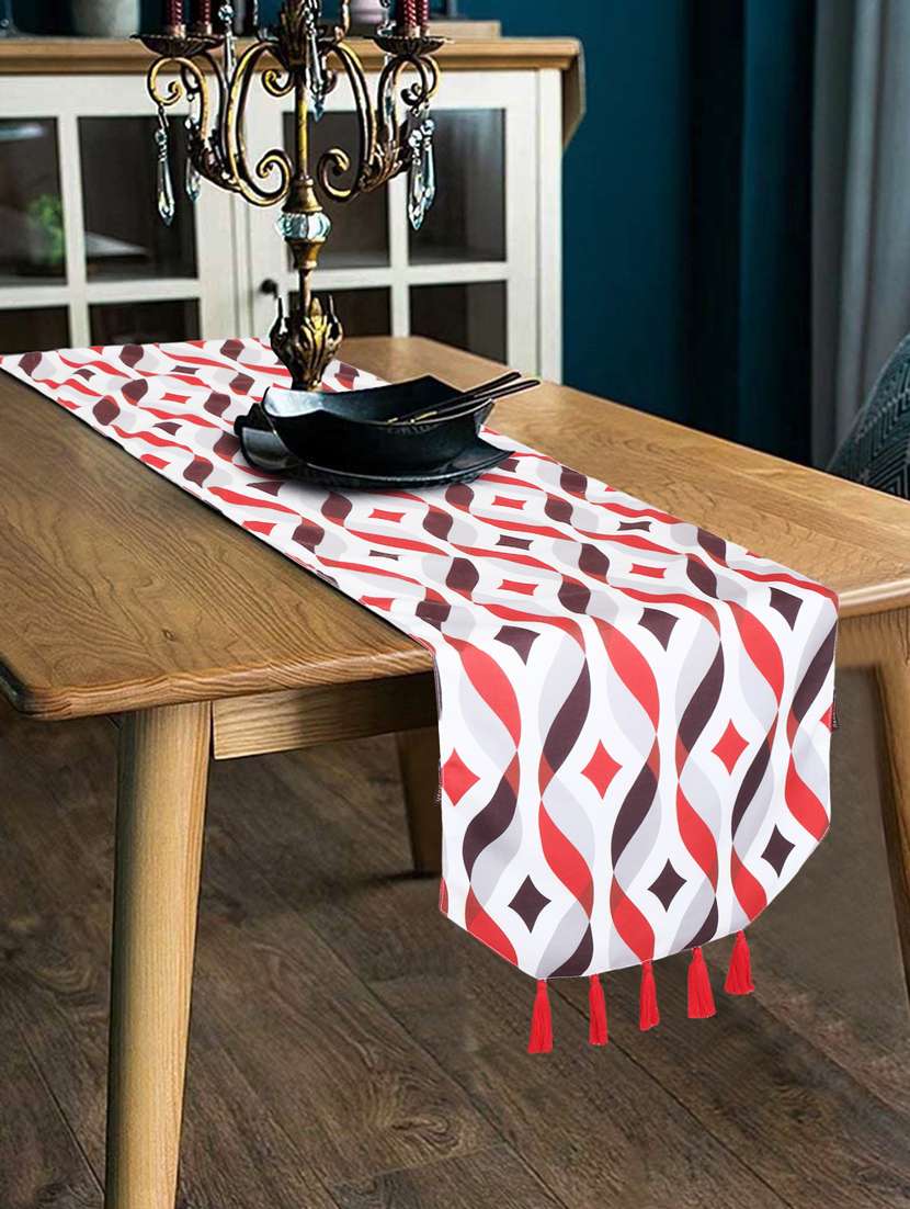 mezposh chintz red & multi color polycotton damask digital printed 6 seater table runner with tassels (180x40cm)