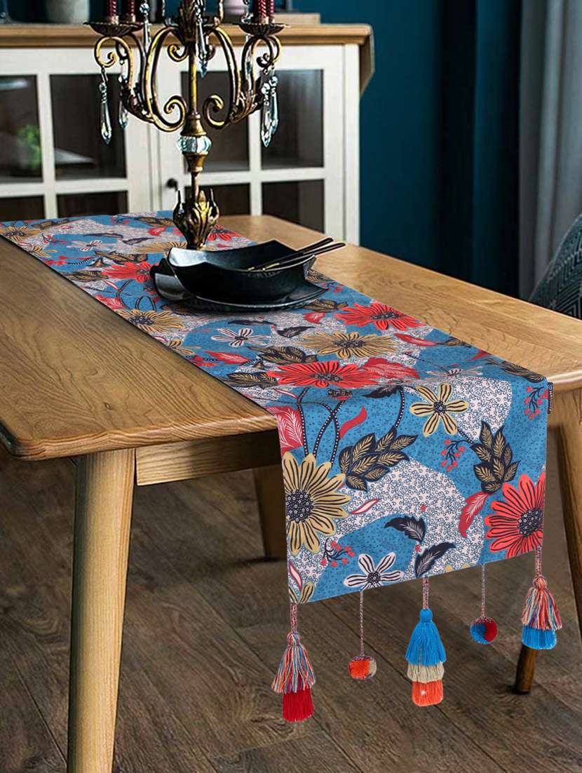 mezposh chintz indigo & multi color polycotton floral digital printed 6 seater table runner with tassels (180x40cm)