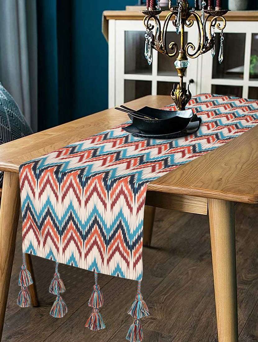 mezposh chintz beige & multi color polycotton chevron digital printed 6 seater table runner with tassels (180x40cm)