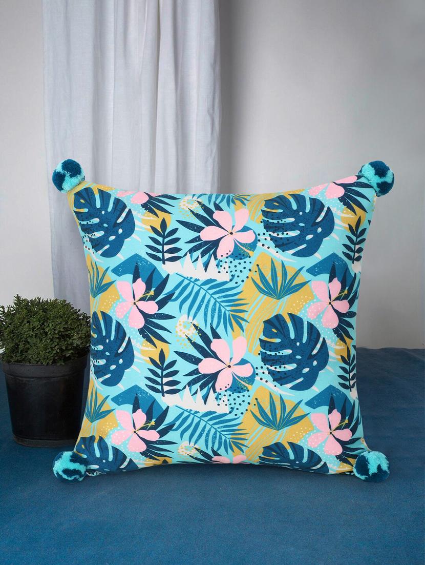 mezposh chintz turquoise & multi color polycotton botanical square cushion cover (lxw : 16x16 inch)