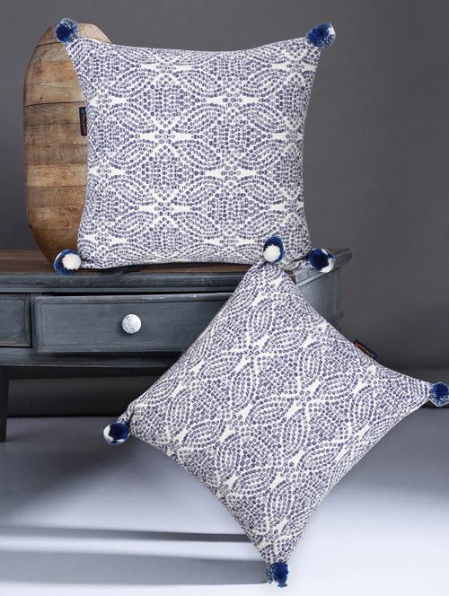 mezposh tribal white & blue color cotton jacquard geometric cushion covers with pom poms (16x16 inch) set of 2 - 18207930 - Standard Image - 0