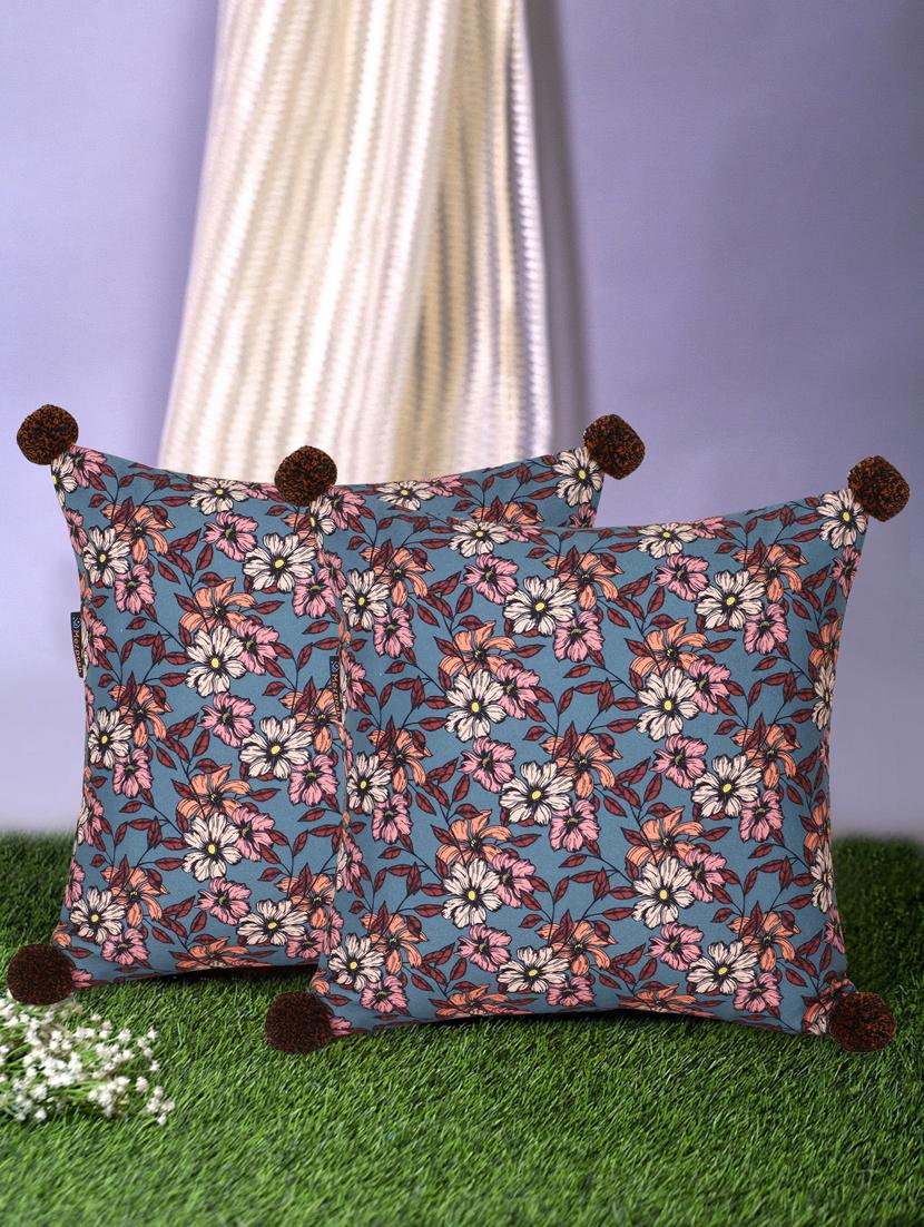 mezposh chintz grey & multi color polycotton floral digital printed cushion covers with pom poms (16x16 inch) set of 2 - 18207933 -  Zoom Image - 0