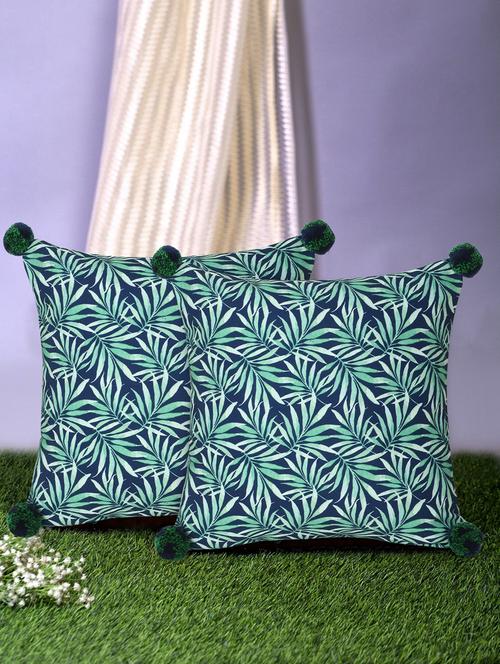 mezposh chintz green & navy color polycotton botanical digital printed cushion covers with pom poms (16x16 inch) set of 2 - 18207935 - Standard Image - 0
