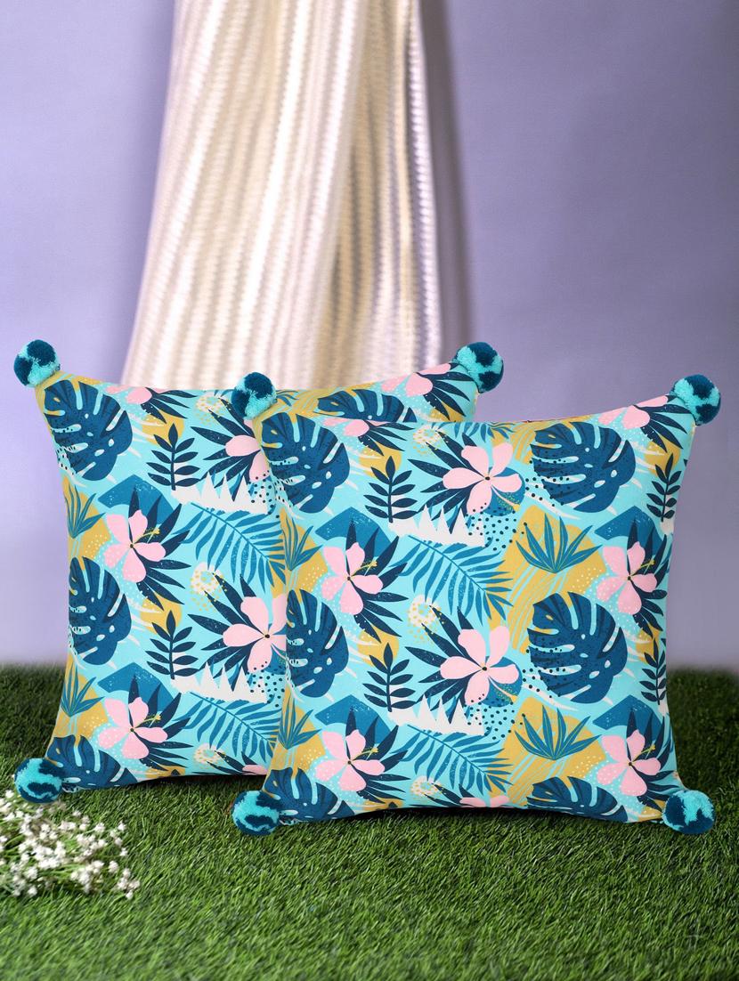 mezposh chintz turquoise & multi color polycotton botanical digital printed cushion covers with pom poms (16x16 inch) set of 2