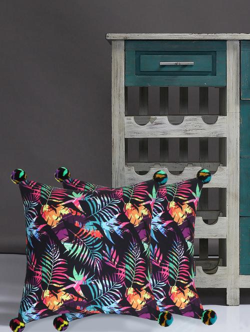 mezposh chintz black & multi color polycotton botanical digital printed cushion covers with pom poms (16x16 inch) set of 2 - 18207938 - Standard Image - 0