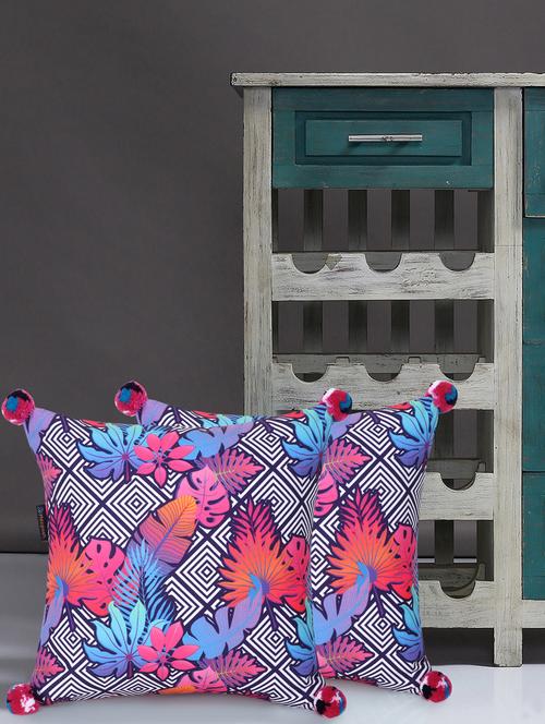 mezposh chintz pink & multi color polycotton quirky digital printed cushion covers with pom poms (16x16 inch) set of 2 - 18207939 - Standard Image - 0