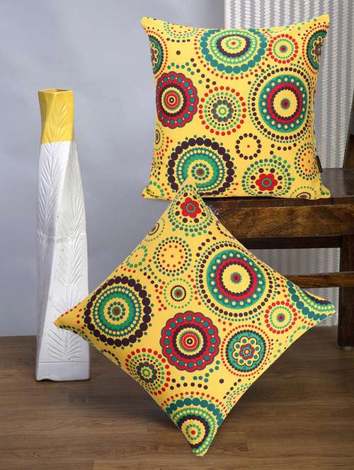 mezposh nomad light yellow & multi color cotton canvas mandala printed floor cushion covers (20x20 inch) set of 2