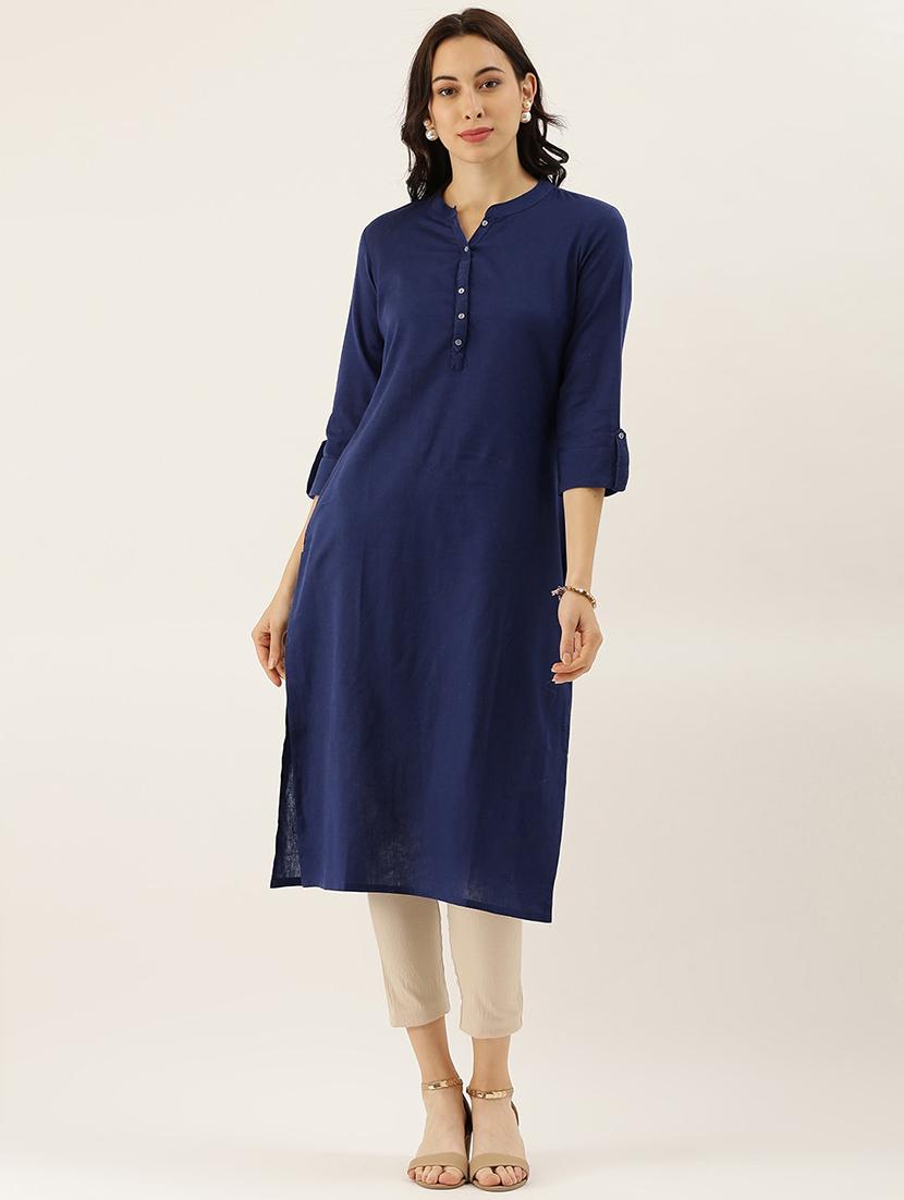 blue cotton straight kurta - 18208434 - Zoom Image - 0