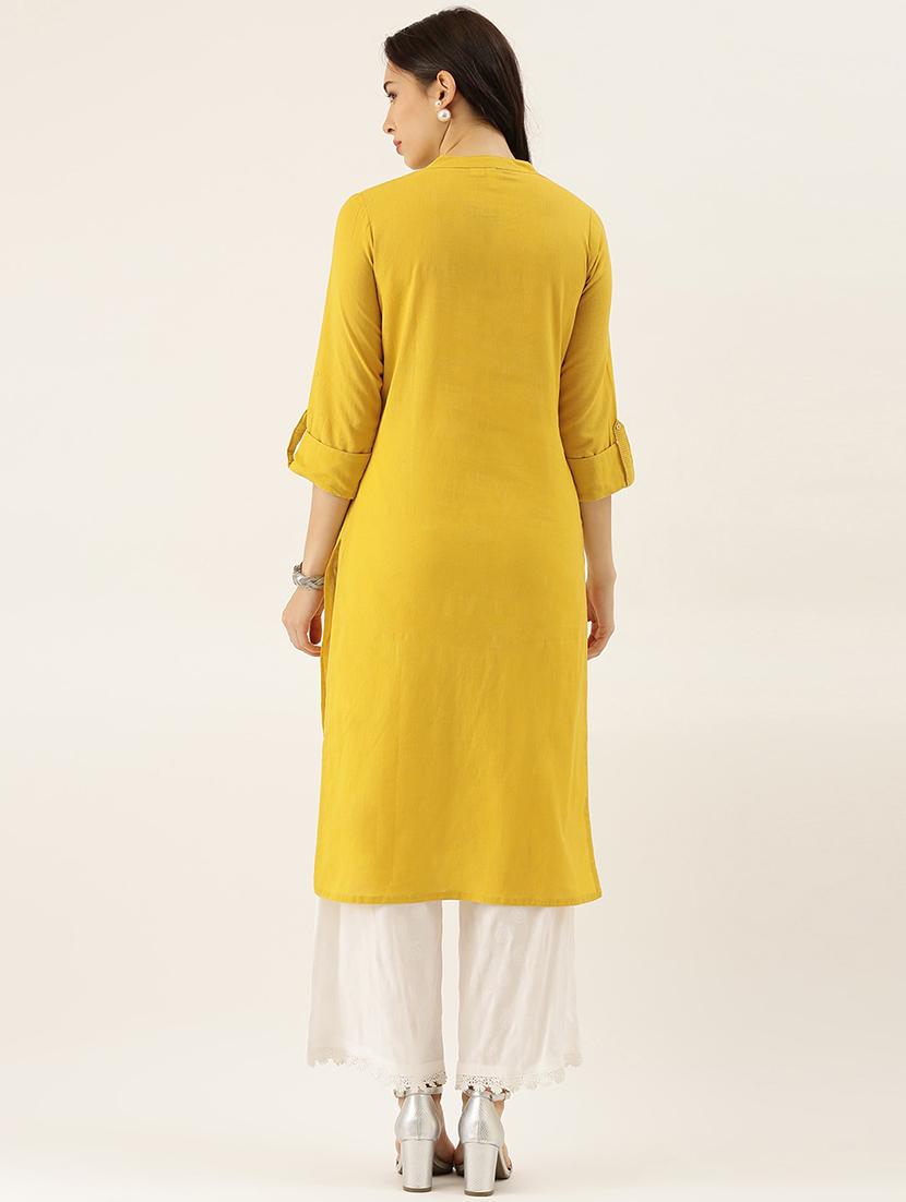 yellow cotton straight kurta - 18208437 - Standard Image - 2