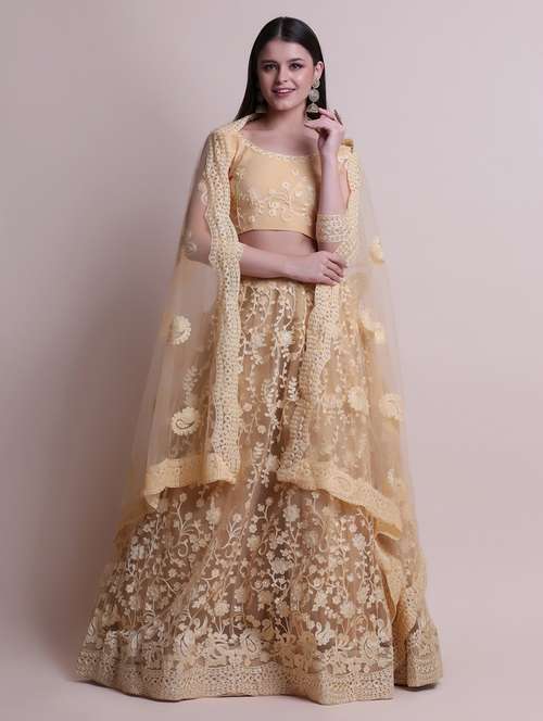 gold net flared lehenga - 18210829 - Standard Image - 0