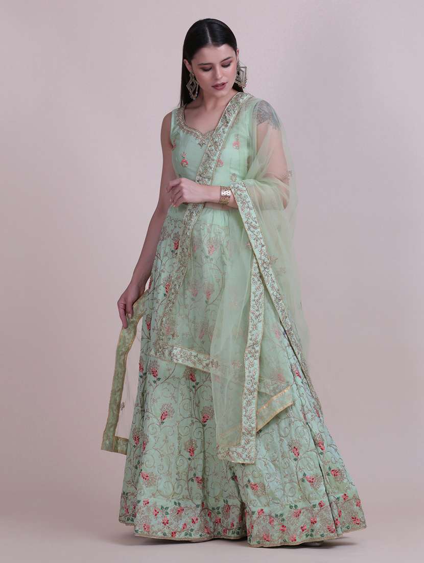 neon silk flared lehenga - 18210833 - Standard Image - 2