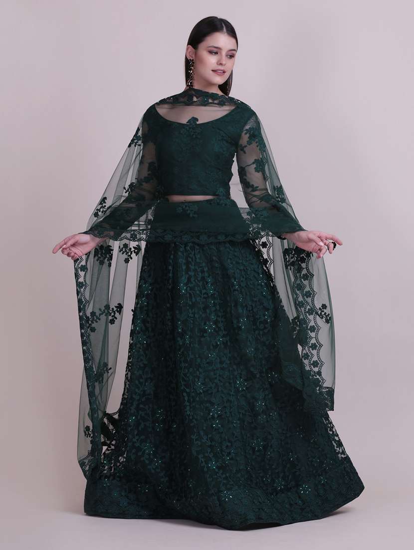 bottle green silk flared lehenga