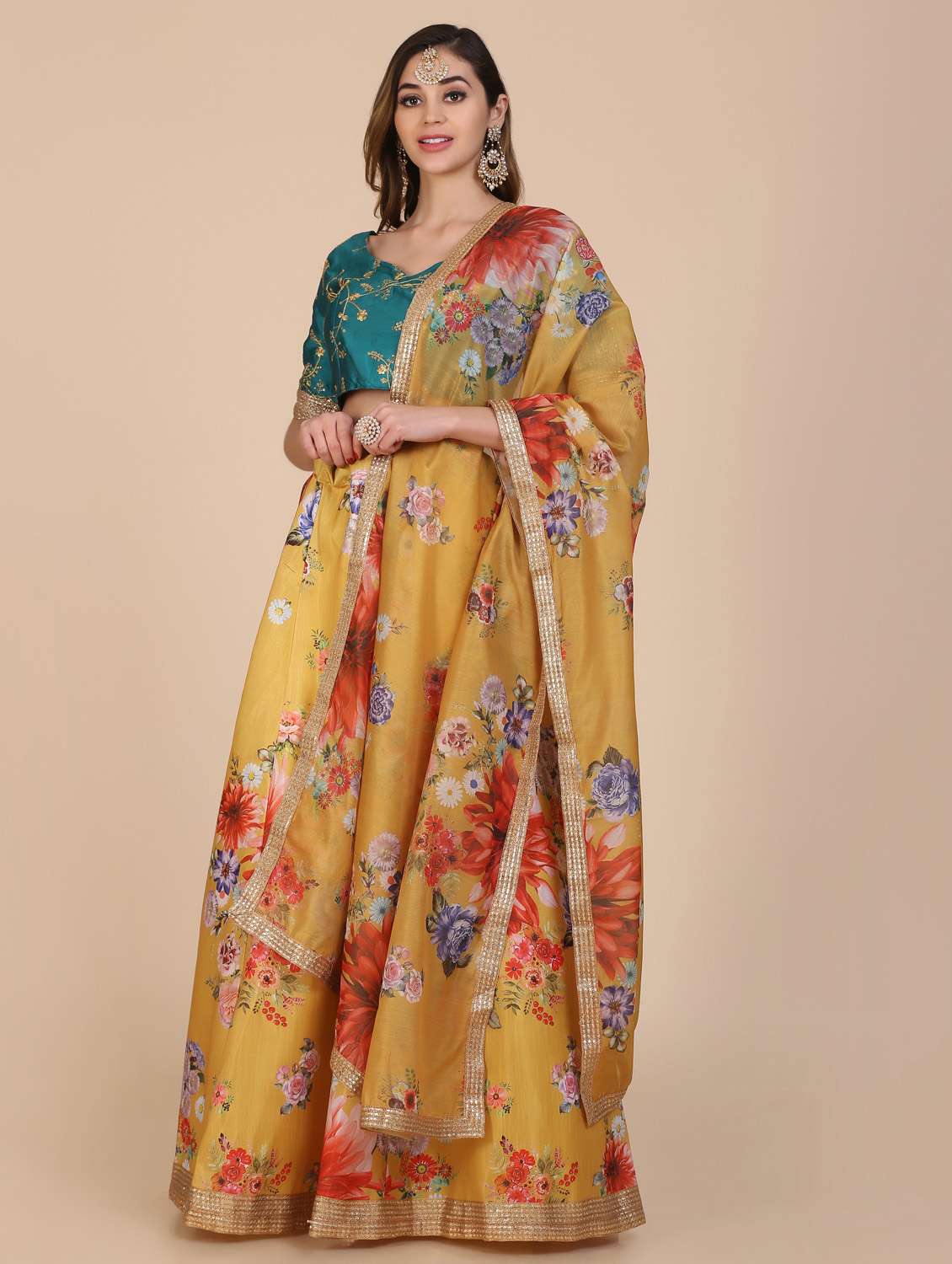 yellow silk flared lehenga