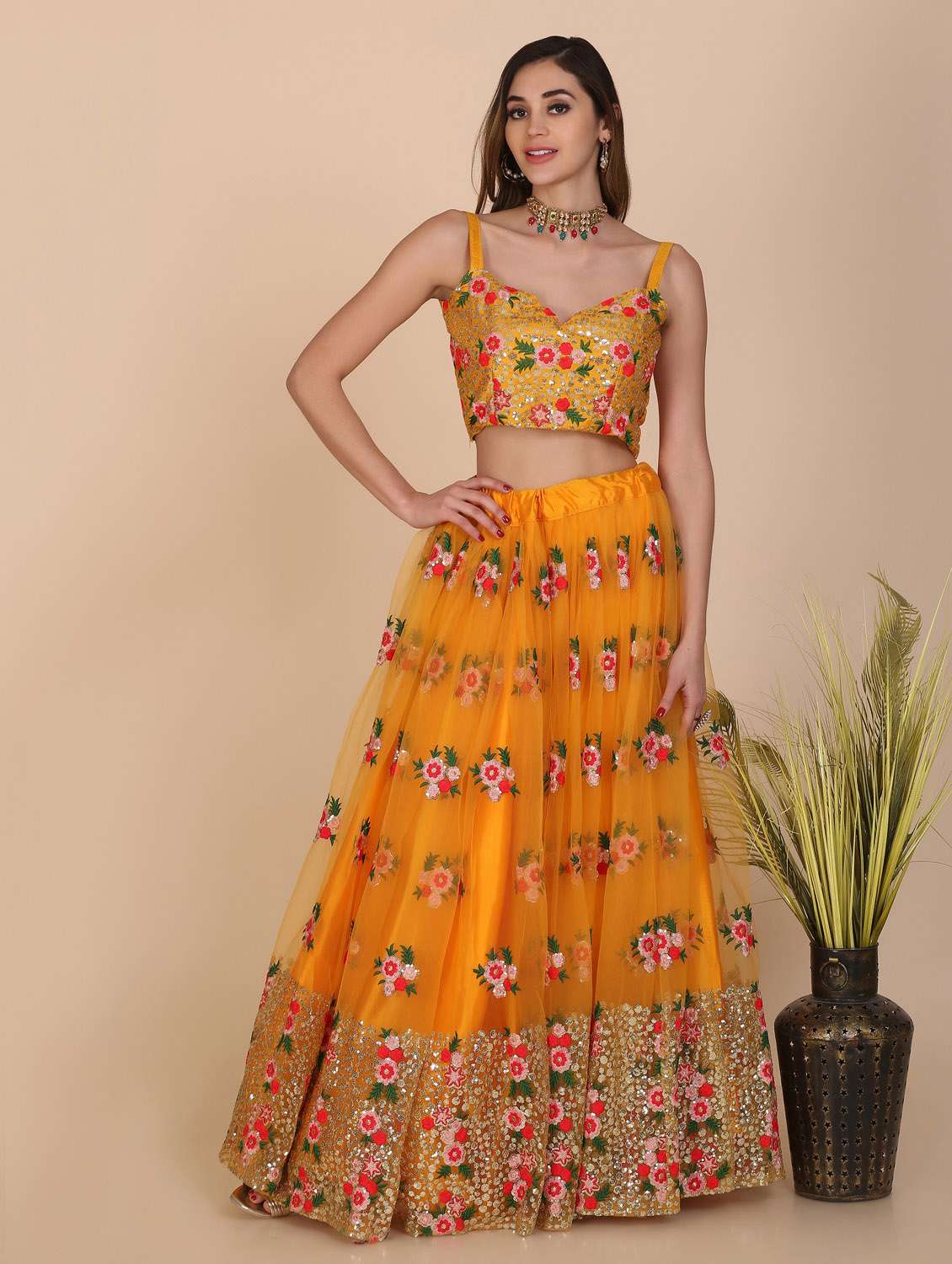 Mustard Net Flared Lehenga