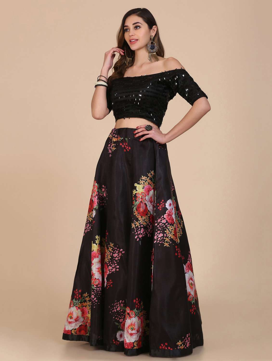 Black Net Flared Lehenga