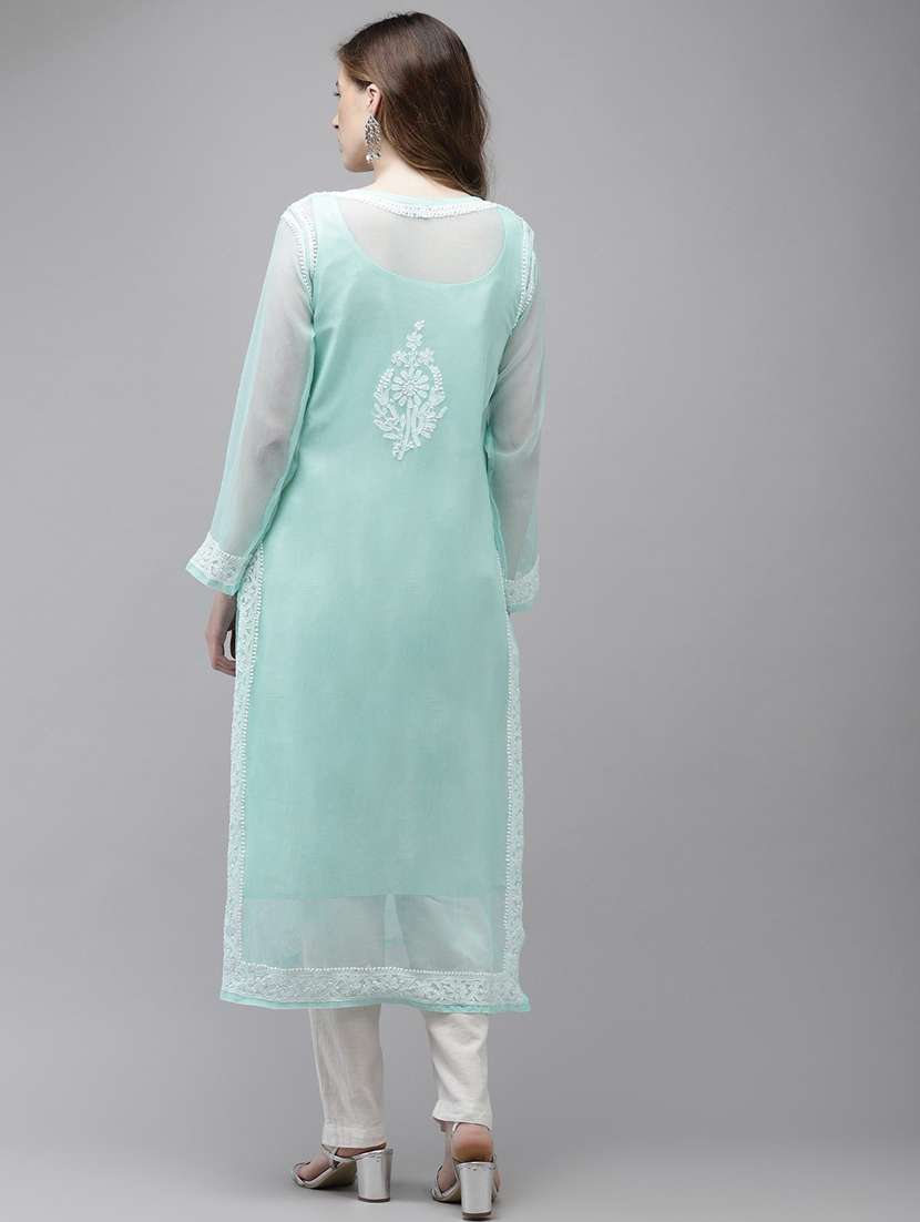 ada hand embroidered turquoise blue georgette lucknow chikankari kurta with slip - 18210851 - Standard Image - 2